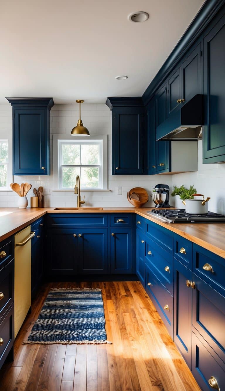 A kitchen with navy blue cabinets, brass hardware, and warm wooden flooring for a bold and inviting atmosphere
