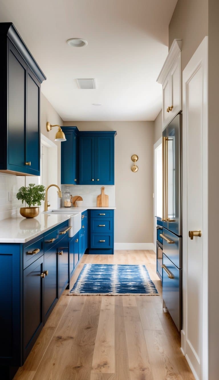 A modern kitchen with navy blue cabinets, brass hardware, and neutral wall tones