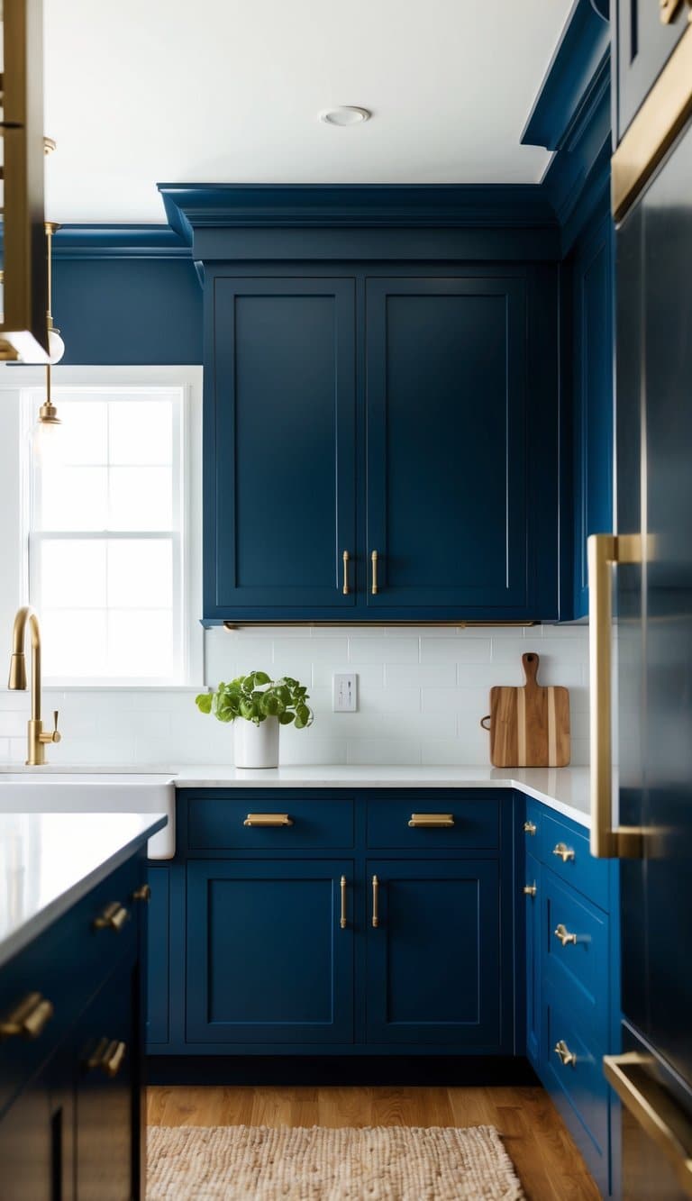 A modern kitchen with navy blue shaker-style cabinets and brass hardware