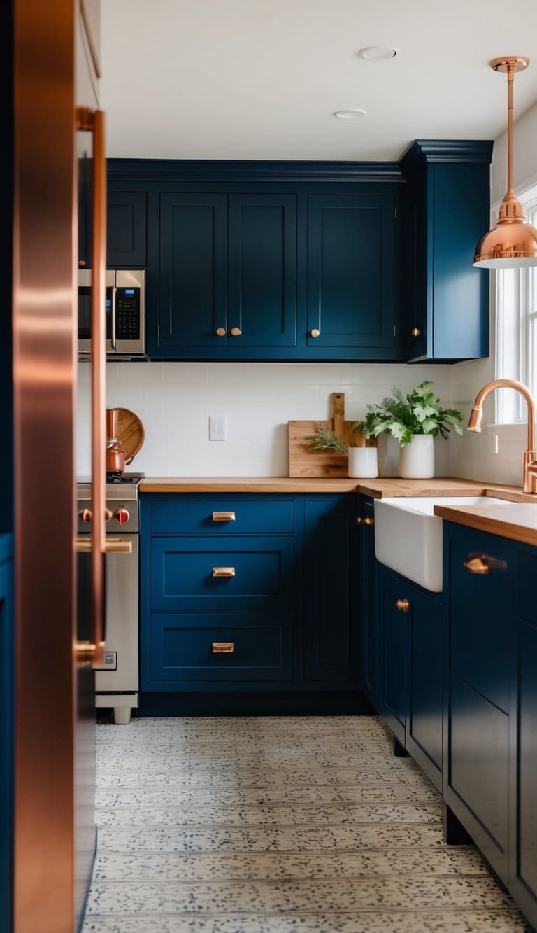 A modern kitchen with navy blue cabinets, brass hardware, and copper accents