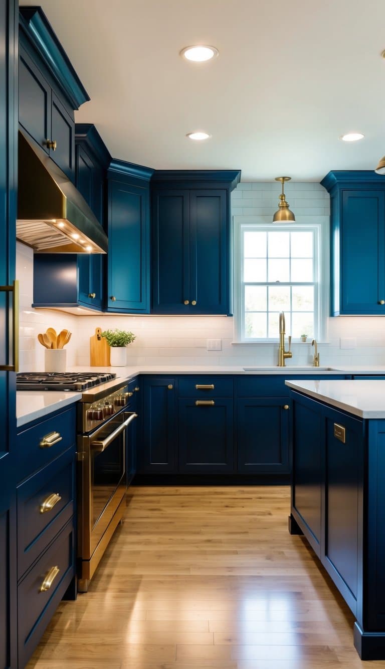 A modern kitchen with navy blue cabinets and brass hardware illuminated by under-cabinet lighting