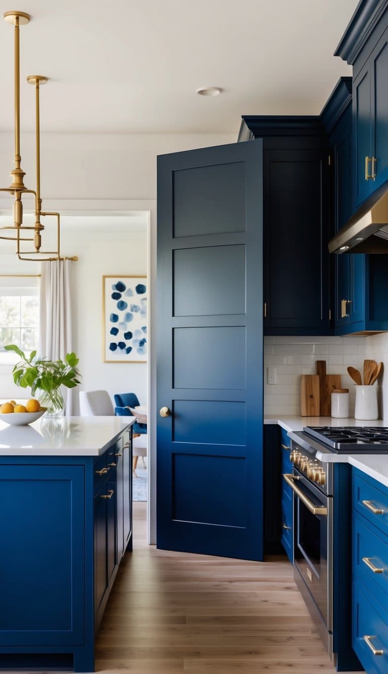 A modern kitchen with navy blue cabinets and brass hardware, featuring a bold navy blue pantry door