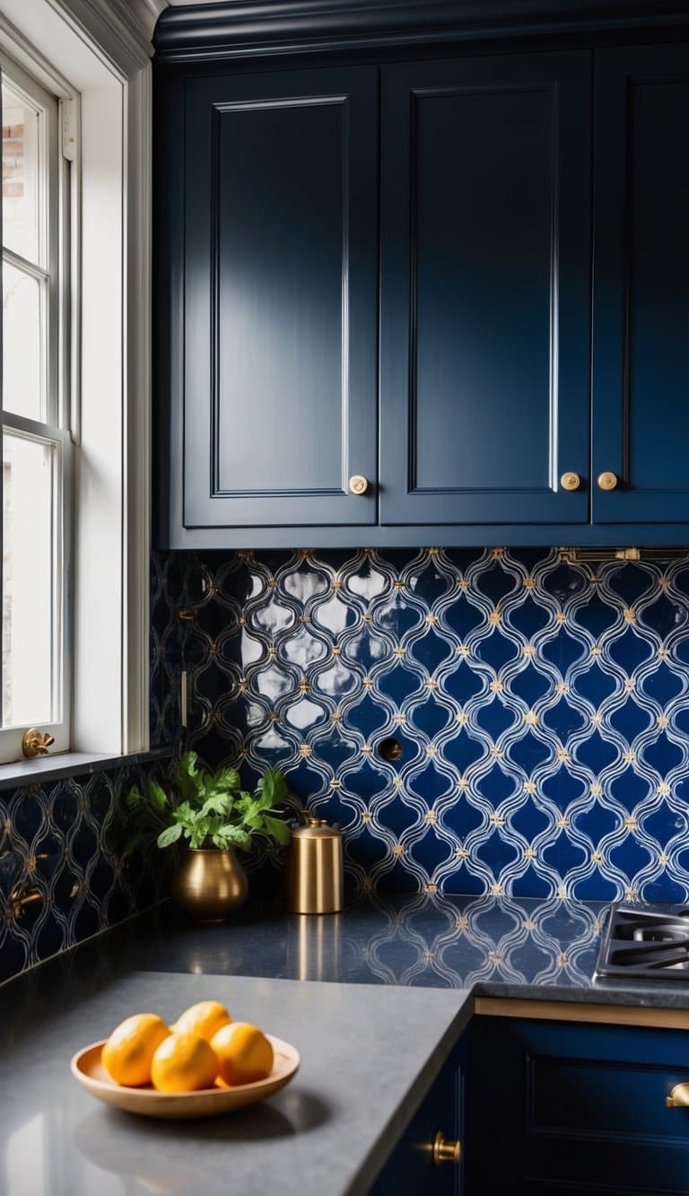 Patterned navy blue tiles with brass hardware in a bold kitchen transformation