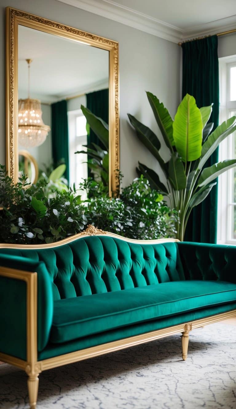 Emerald green velvet sofa with gold trim, surrounded by gold-framed mirrors and lush greenery, creates a luxurious living room atmosphere