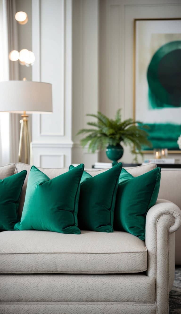 Emerald green throw pillows arranged on a plush, neutral-colored sofa in a well-lit, elegant living room