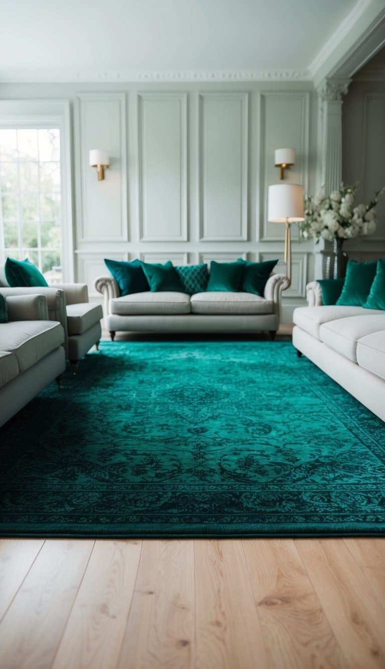 An emerald green area rug lies in the center of a spacious, elegantly furnished living room, anchoring the space with its rich color and luxurious texture