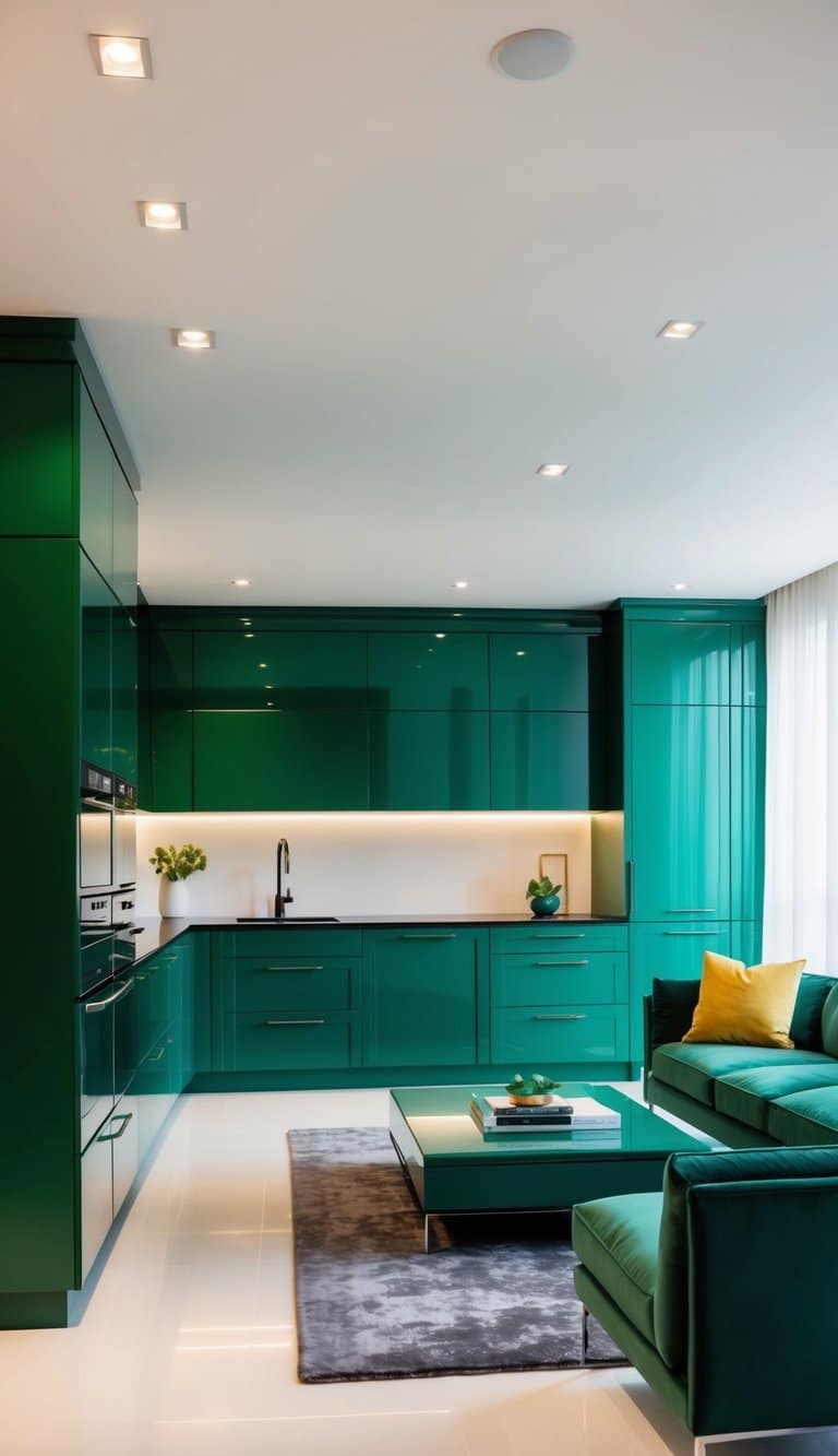 Emerald green cabinetry stands out in a sleek, modern living room, adding a luxurious pop of color to the space