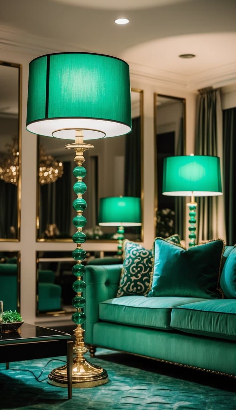 Emerald green lamps illuminate a luxurious living room, casting a rich and elegant ambiance