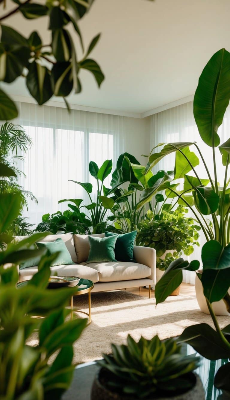Lush emerald green plants fill a sunlit living room, creating a luxurious and natural atmosphere