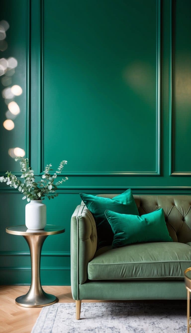 An emerald green accent wall behind a plush sofa, adorned with green throw pillows and a metallic table with a vase of greenery