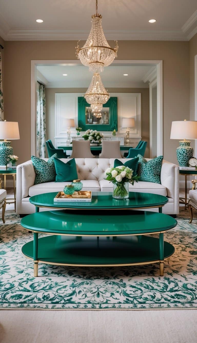 Emerald green coffee tables stand out in a luxurious living room, surrounded by coordinating decor and elegant furnishings