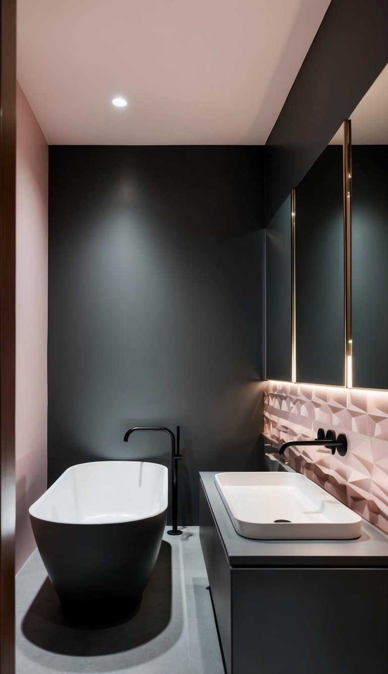 A sleek, modern bathroom with charcoal gray walls and blush pink accents. A freestanding bathtub sits against the wall, surrounded by minimalist fixtures and geometric patterns