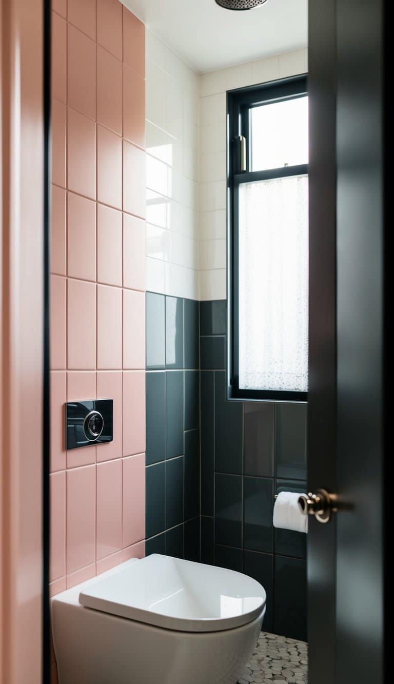 Blush pink wall tiles contrast with charcoal gray accents in a modern bathroom