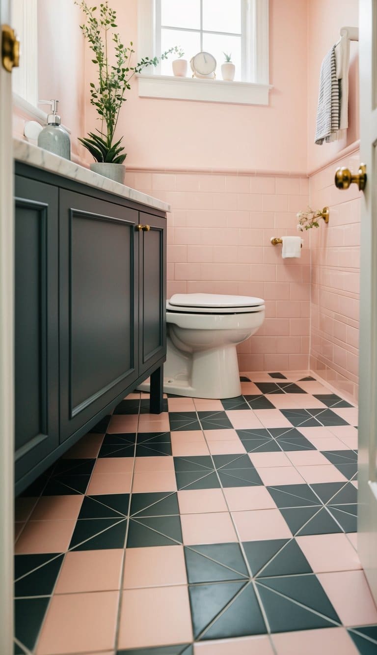 Blush pink and charcoal gray patterned floor tiles in a modern bathroom