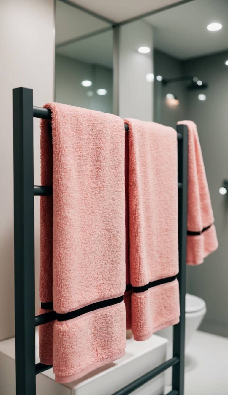 Blush pink towels hang on a charcoal gray towel rack in a modern bathroom