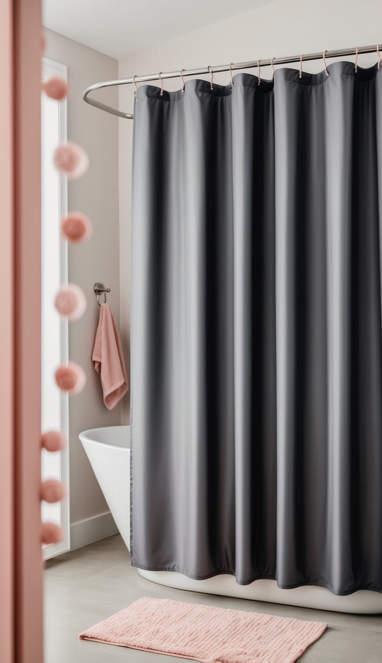 A charcoal gray shower curtain hanging in a modern bathroom with blush pink accents