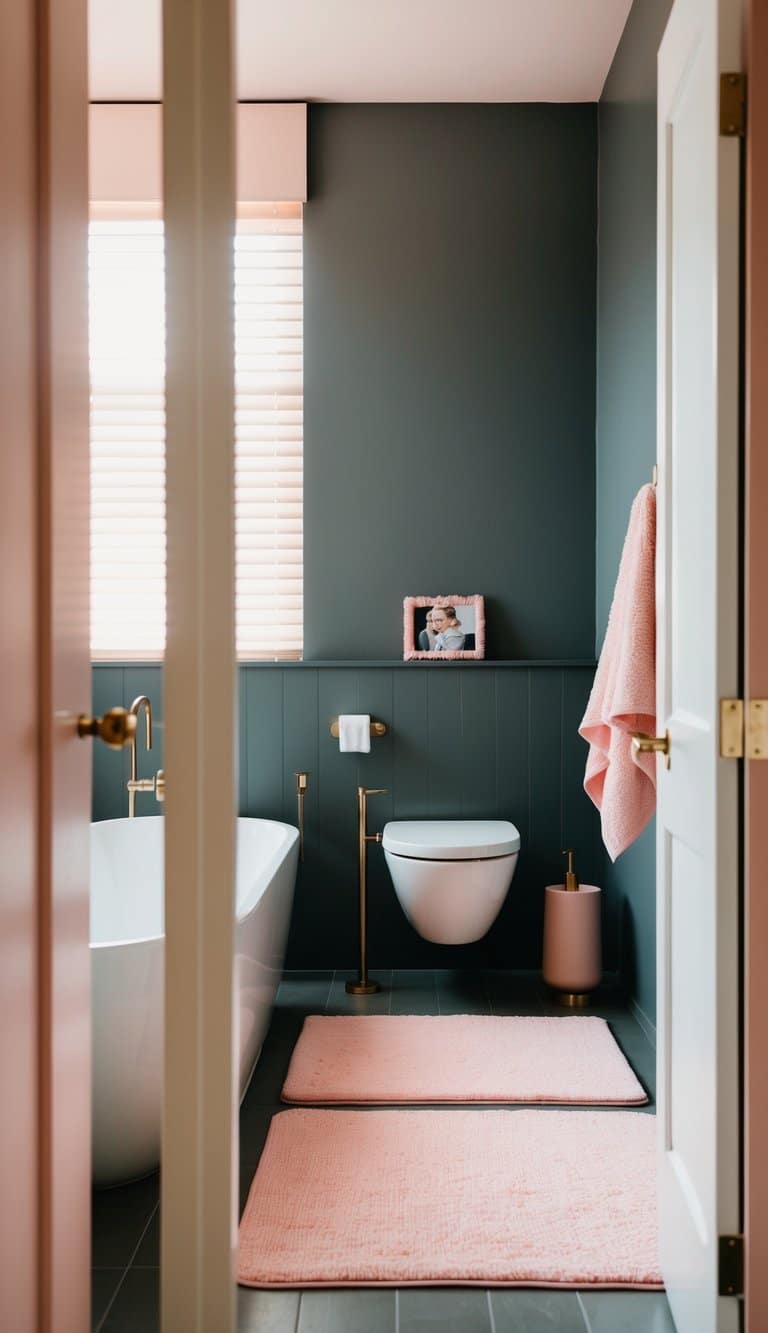 A modern bathroom with soft pink bath mats, charcoal gray walls, and blush pink accents