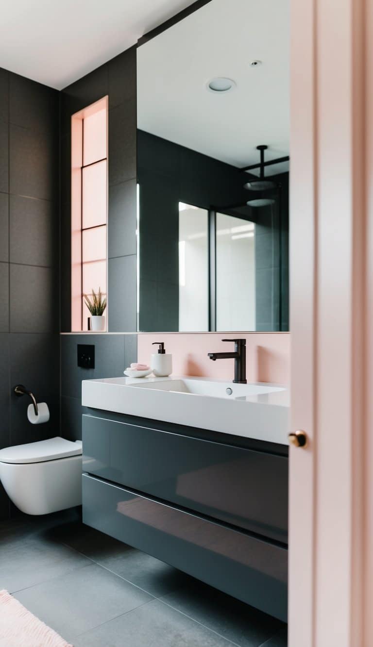 A sleek, modern bathroom with metallic fixtures in charcoal gray and blush pink accents