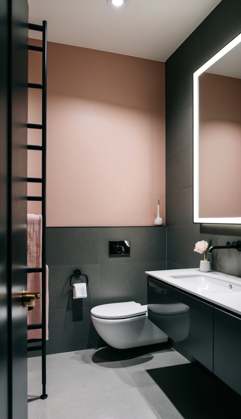 A sleek, modern bathroom with a blush pink accent wall and charcoal gray accents