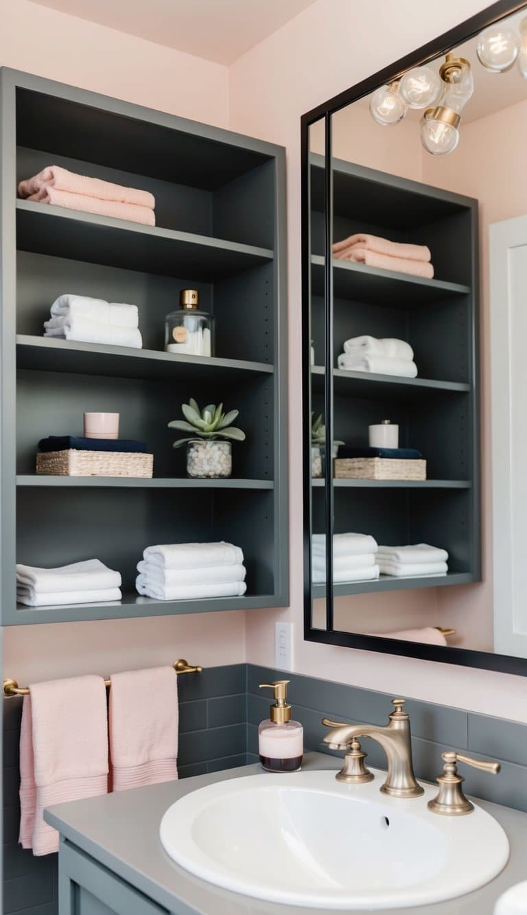 A bathroom with charcoal gray shelving and accents of blush pink