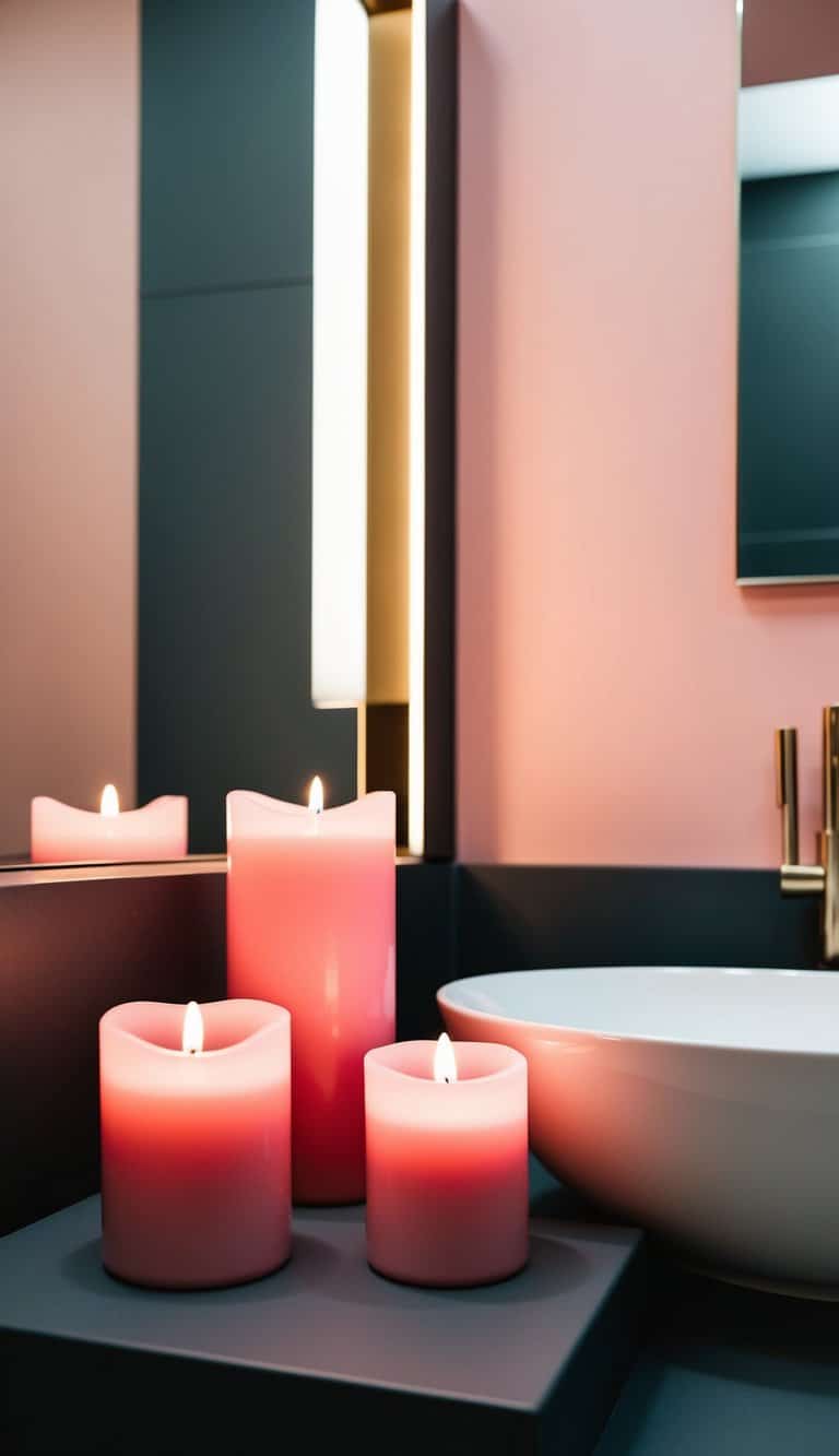Soft pink candles illuminate a modern bathroom in charcoal gray and blush pink