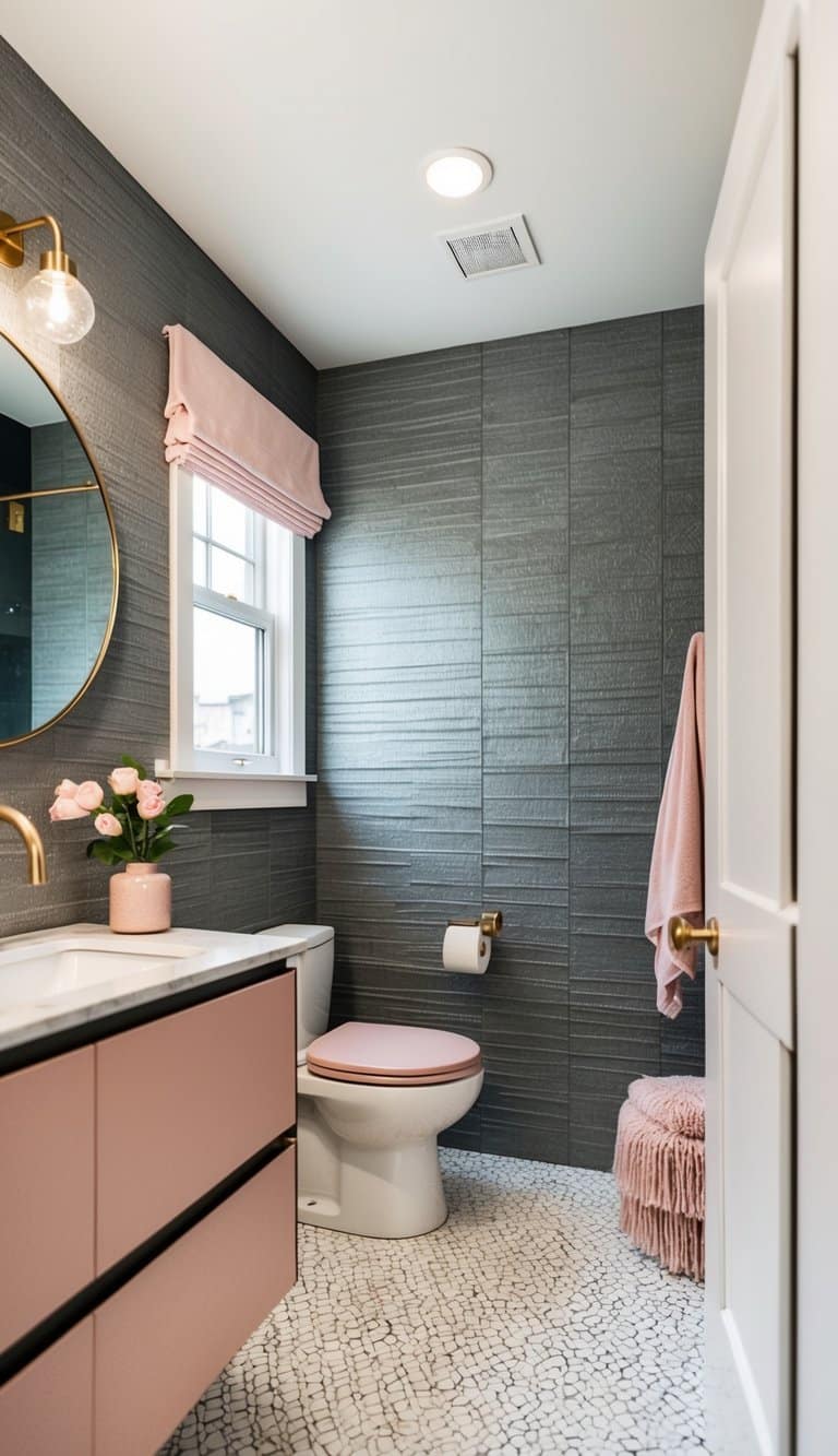 A modern bathroom with textured gray wallpaper accented with blush pink decor