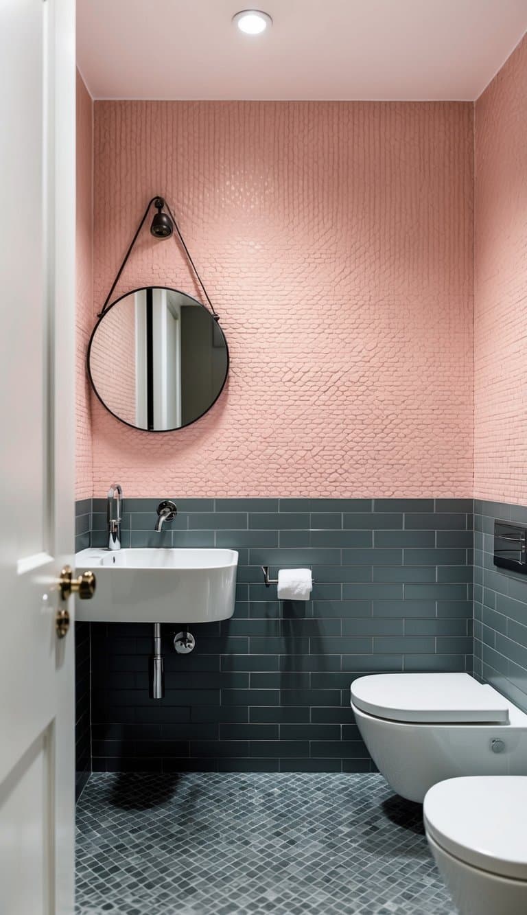 Blush pink mosaic tiles cover the walls and floor of a modern bathroom, contrasting with charcoal gray accents