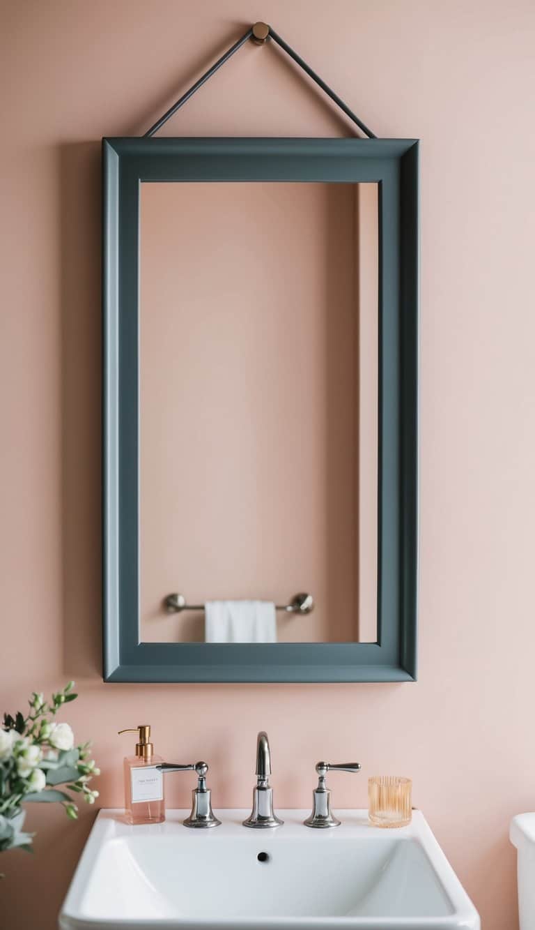 A sleek charcoal gray mirror frame hangs against a blush pink wall in a modern bathroom