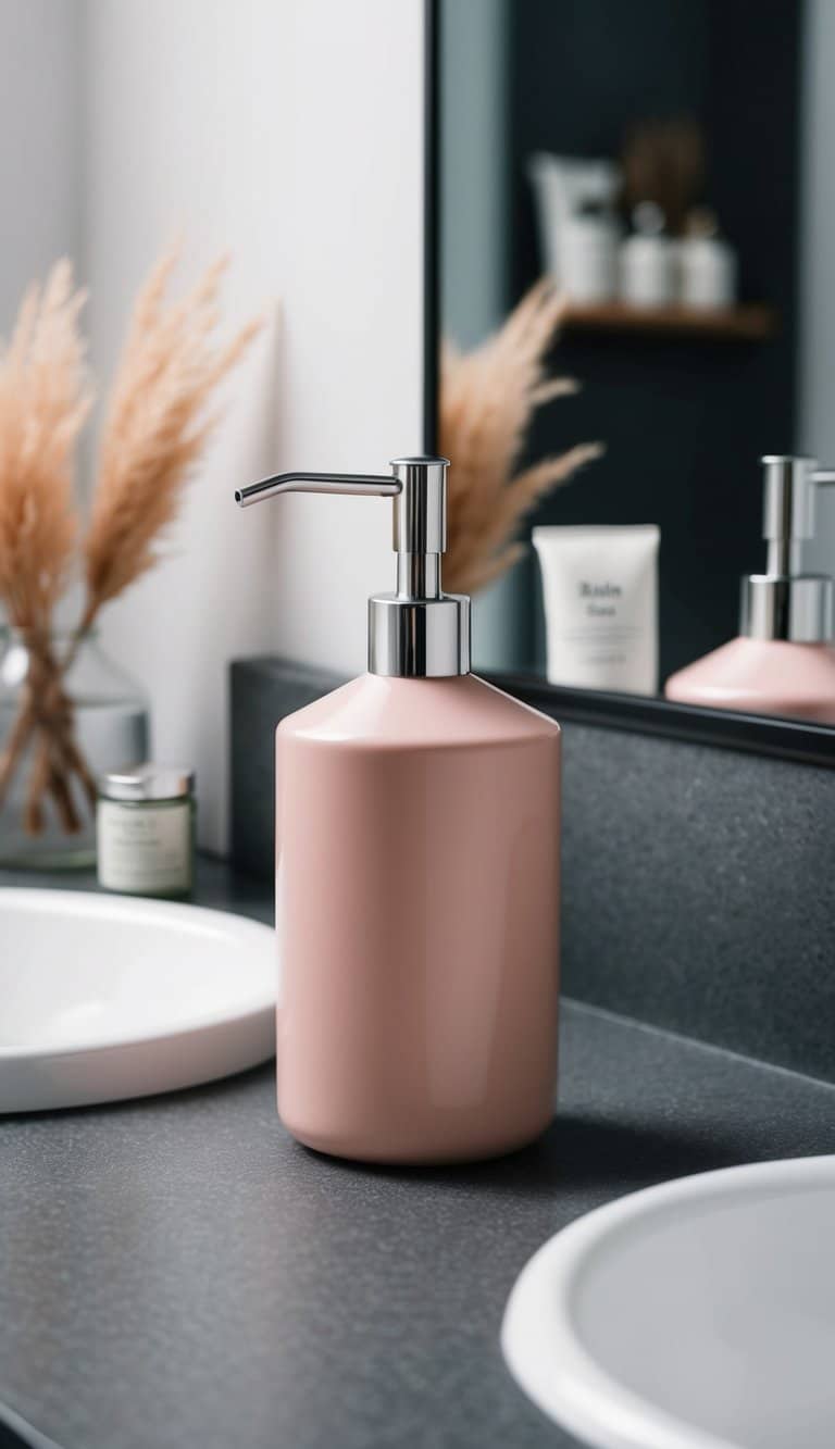A blush pink soap dispenser sits on a charcoal gray countertop in a modern bathroom