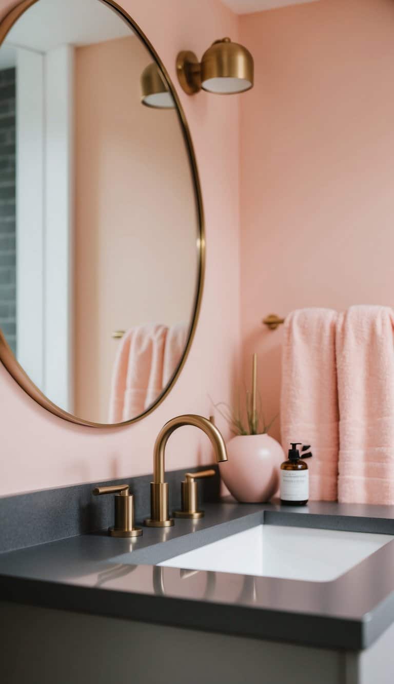 A dark gray countertop contrasting with blush pink accents in a modern bathroom