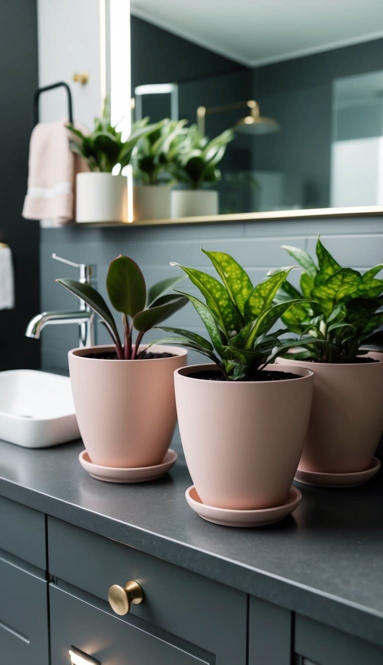 Three blush pink plant pots sit on a charcoal gray bathroom countertop, adding a modern and elegant touch to the space