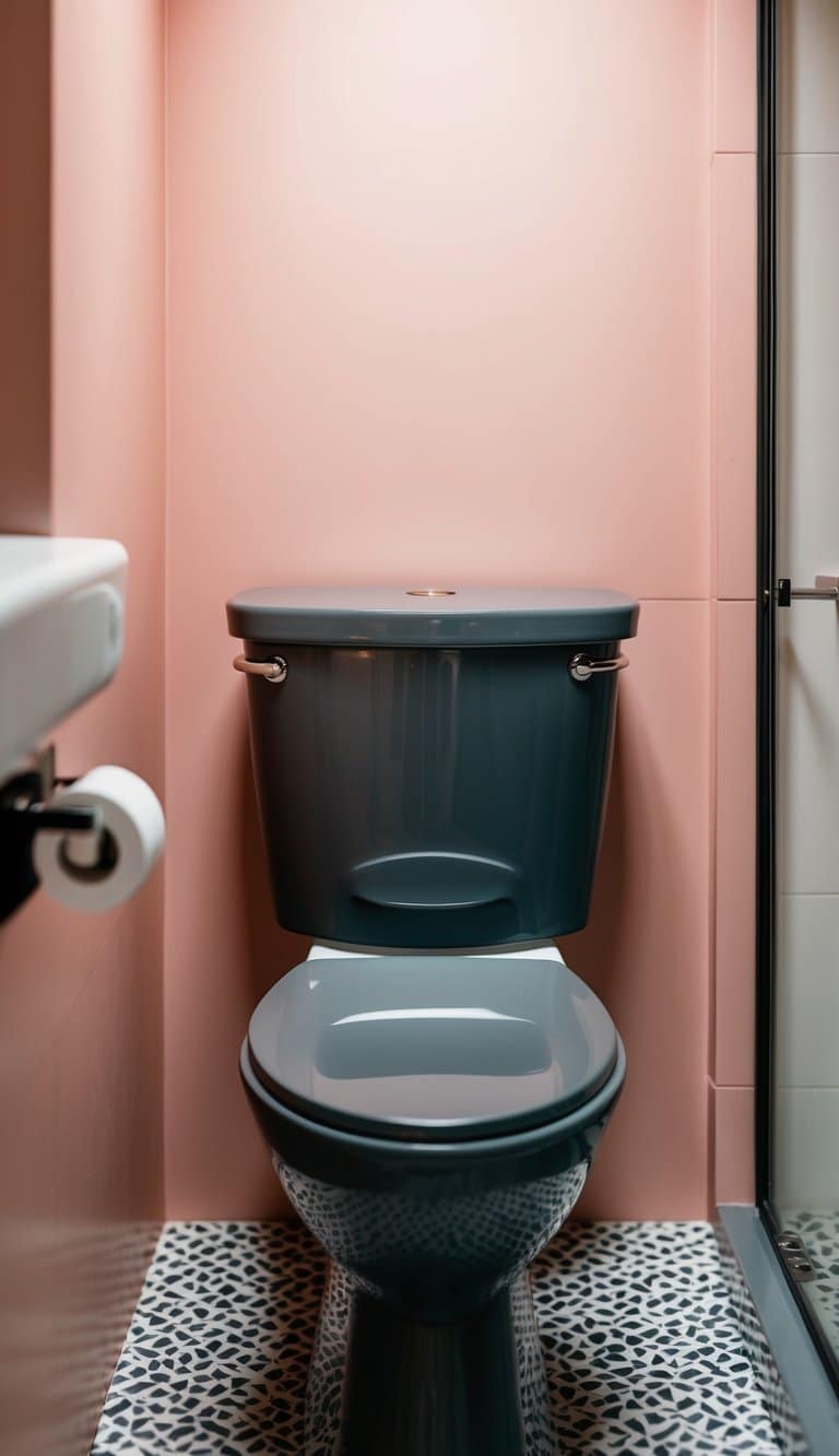 A charcoal gray toilet cover in a modern bathroom with blush pink accents