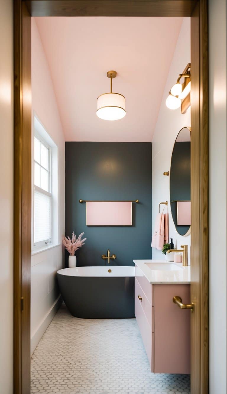 A modern bathroom with a light pink ceiling, charcoal gray accents, and blush pink decor