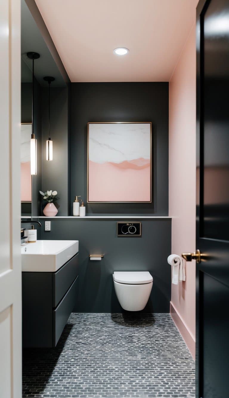 A sleek, modern bathroom with charcoal gray and blush pink wall art