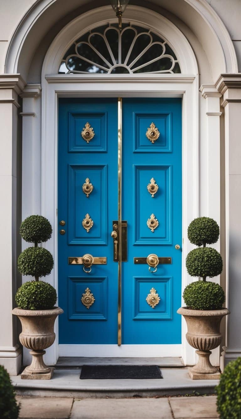 A grand peacock blue front door stands adorned with ornate brass hardware, flanked by potted topiaries and framed by a grand archway