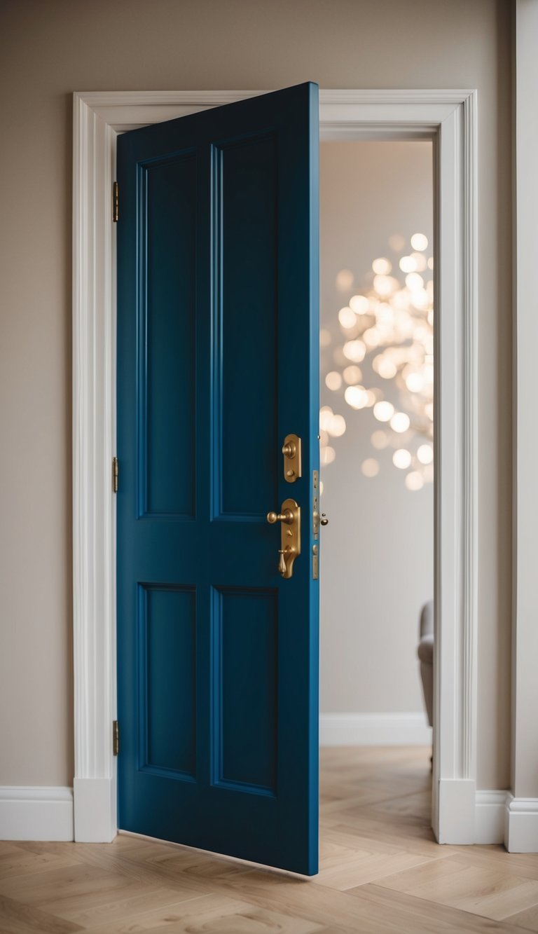 A classic matte peacock blue door with a brass handle stands elegantly against a neutral backdrop
