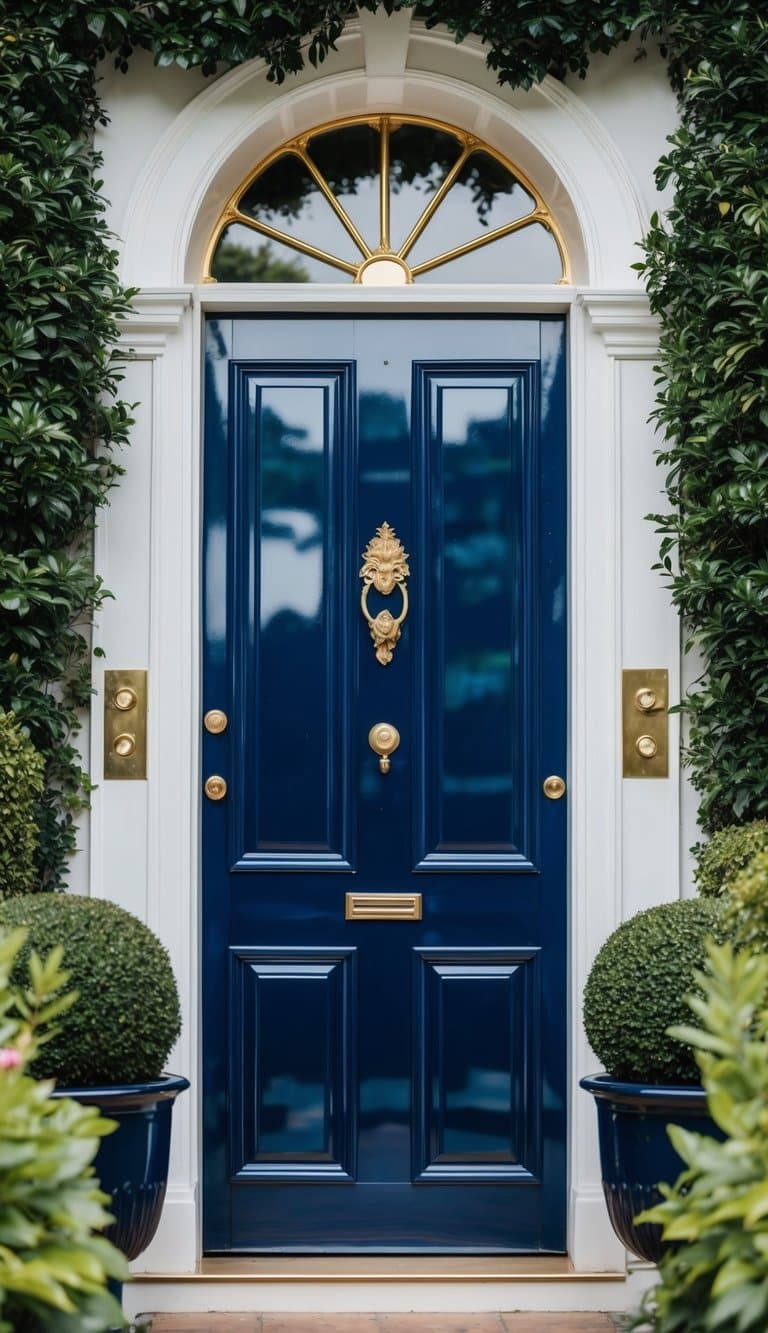 A grand, glossy peacock blue front door stands tall, flanked by elegant gold accents and surrounded by lush greenery