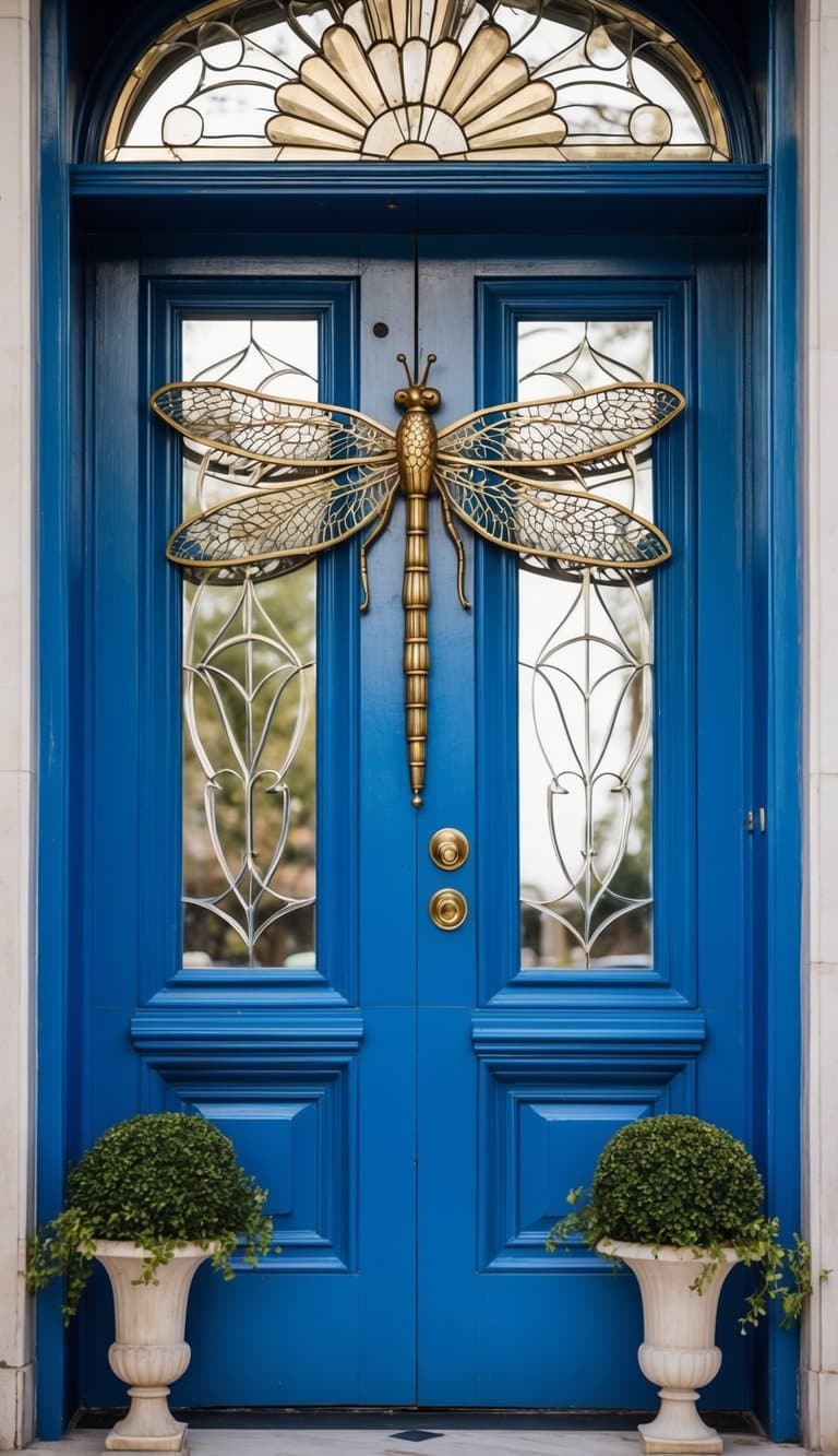 A peacock blue door adorned with an intricate dragonfly ornament stands elegantly as the focal point of a grand entranceway