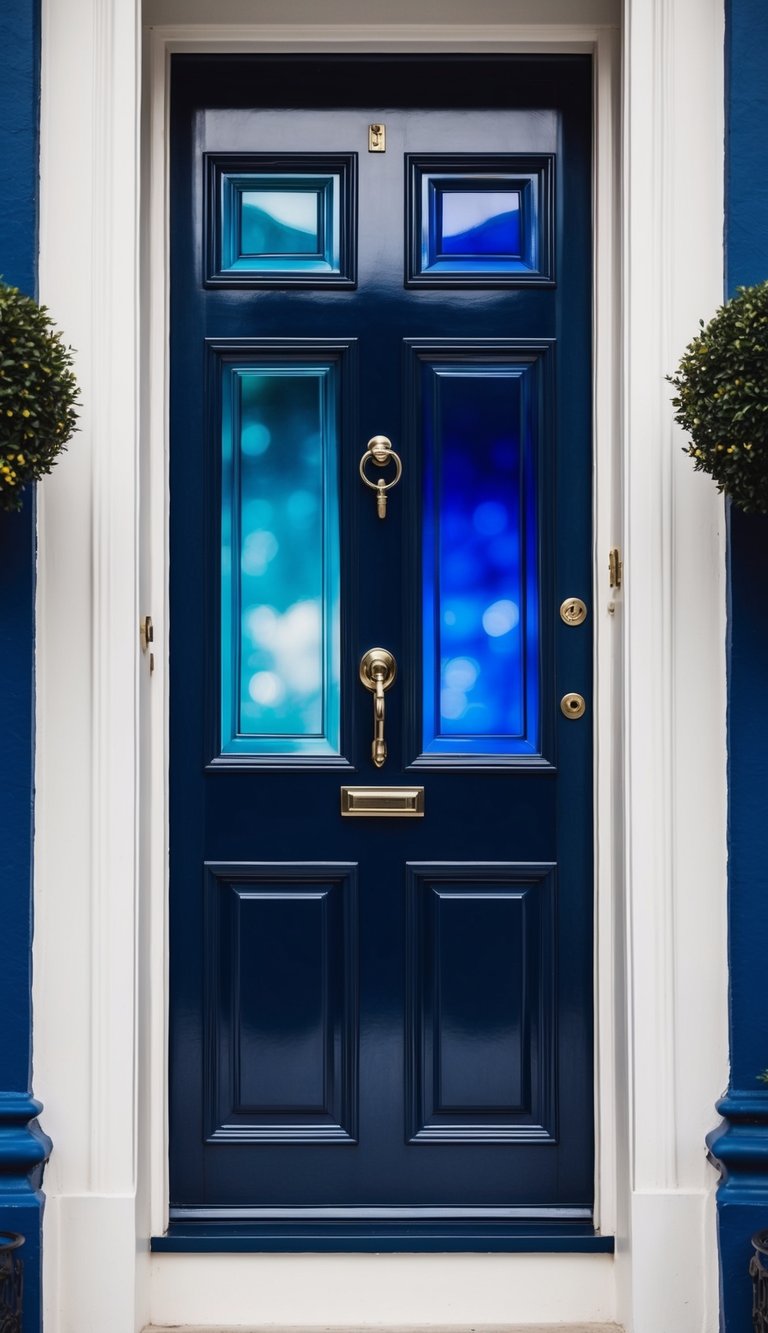 A grand navy blue to peacock blue gradient front door stands tall, exuding elegance and sophistication