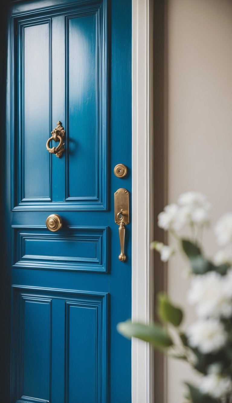A peacock blue door with a vintage brass knocker stands elegantly against a neutral backdrop, exuding a sense of timeless sophistication