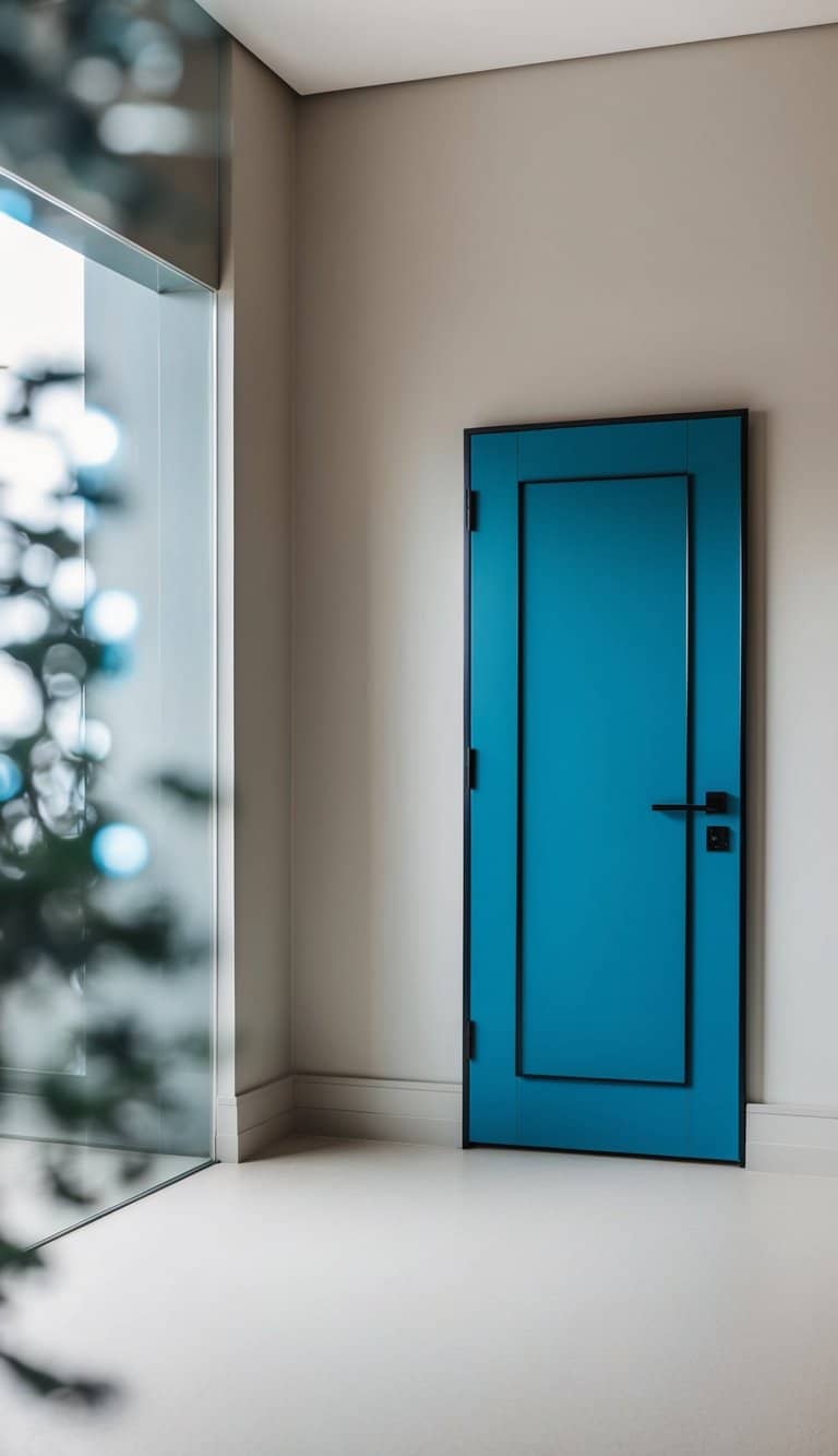 A modern peacock blue door with sleek black hardware stands against a neutral backdrop, exuding elegance and sophistication