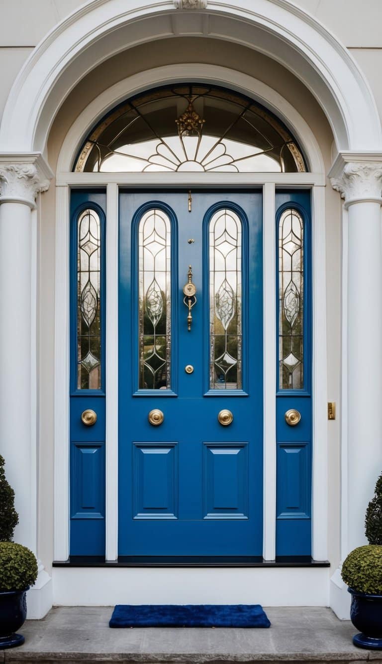A peacock blue door with decorative glass panels stands elegantly as the focal point of a grand entranceway