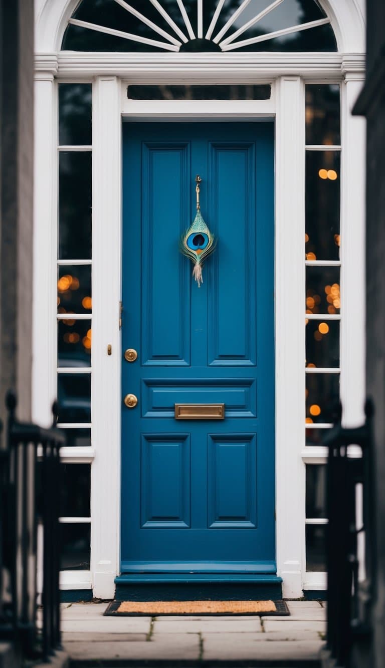 A peacock blue door with elegant white trim framed by surrounding architecture