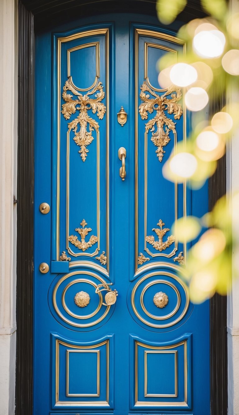 A bold peacock blue door with intricate gold leaf accents stands as an elegant entryway