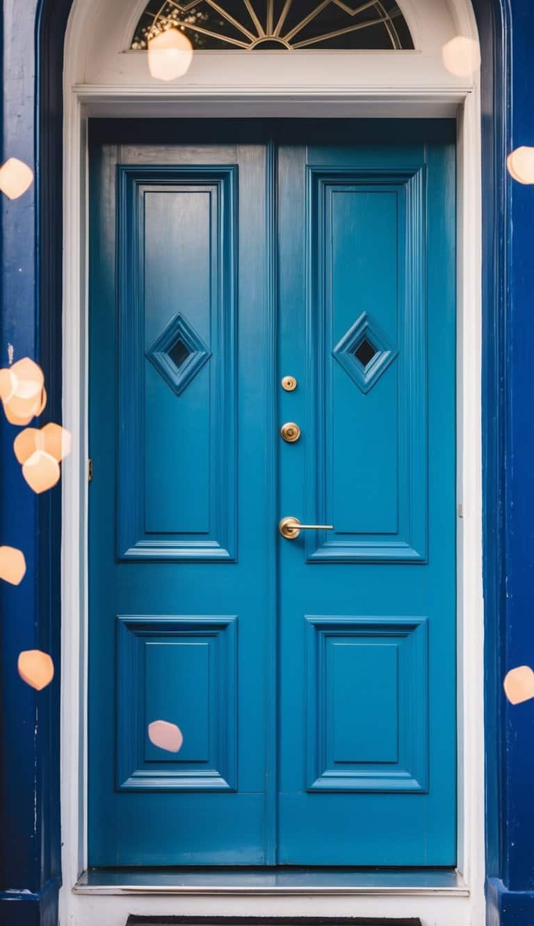 A peacock blue door with a geometric panel design stands elegantly as the focal point of the entrance