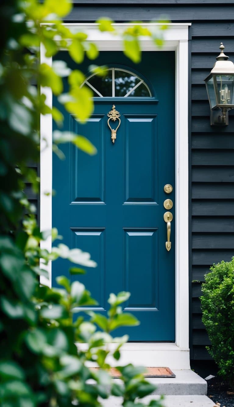 A peacock blue front door against dark wood siding, framed by lush greenery