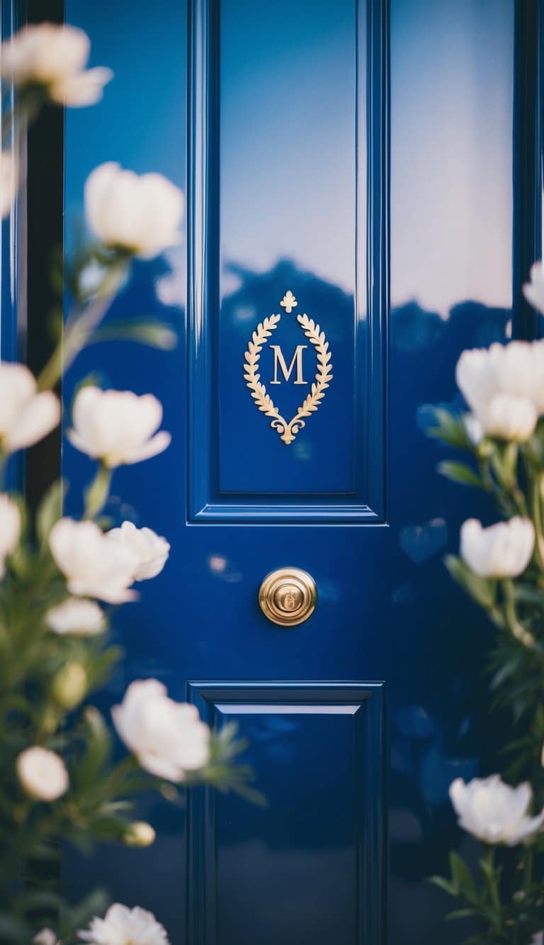 A glossy peacock blue door with elegant monogram lettering