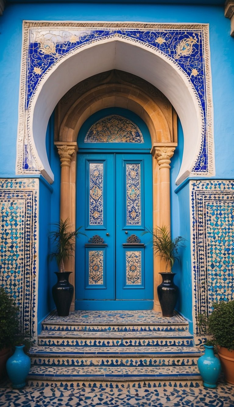 A peacock blue door with intricate mosaic inlays stands elegantly, inviting visitors into a world of artistic beauty and charm