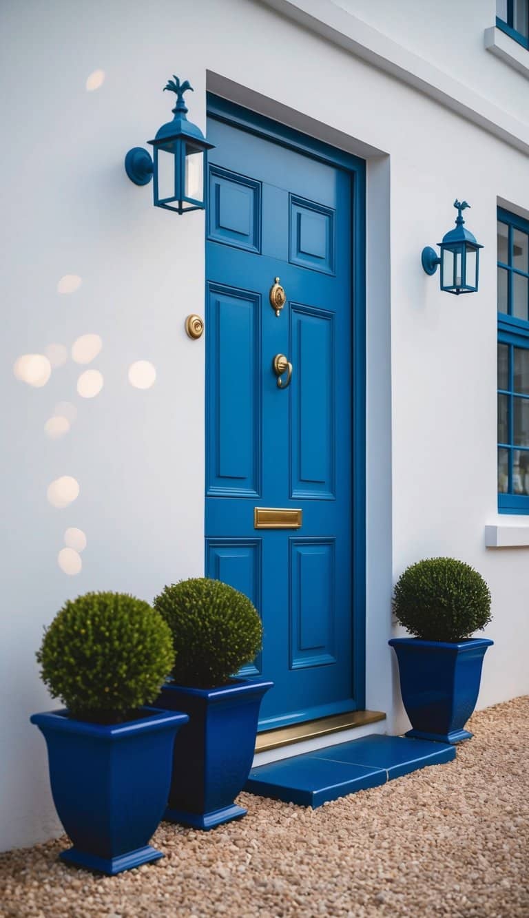 A peacock blue door with matching planters stands elegantly against a white wall