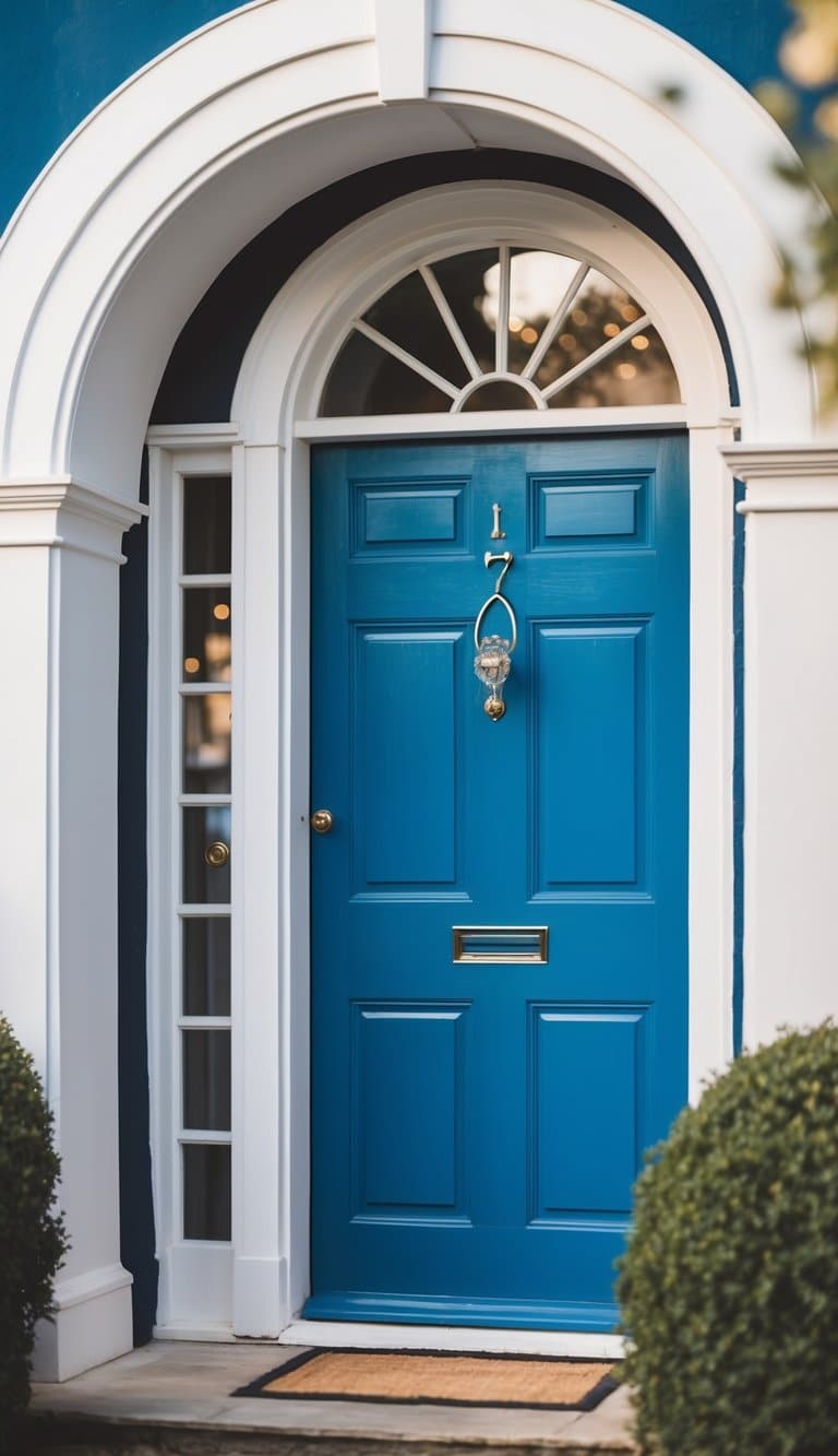 A peacock blue door with a curved arch top set in an elegant front entrance